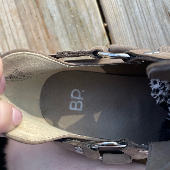 BP Genuine Leather Nude Buckle Detail Stacked Heel Moto Ankle Booties - Picture 10 of 14